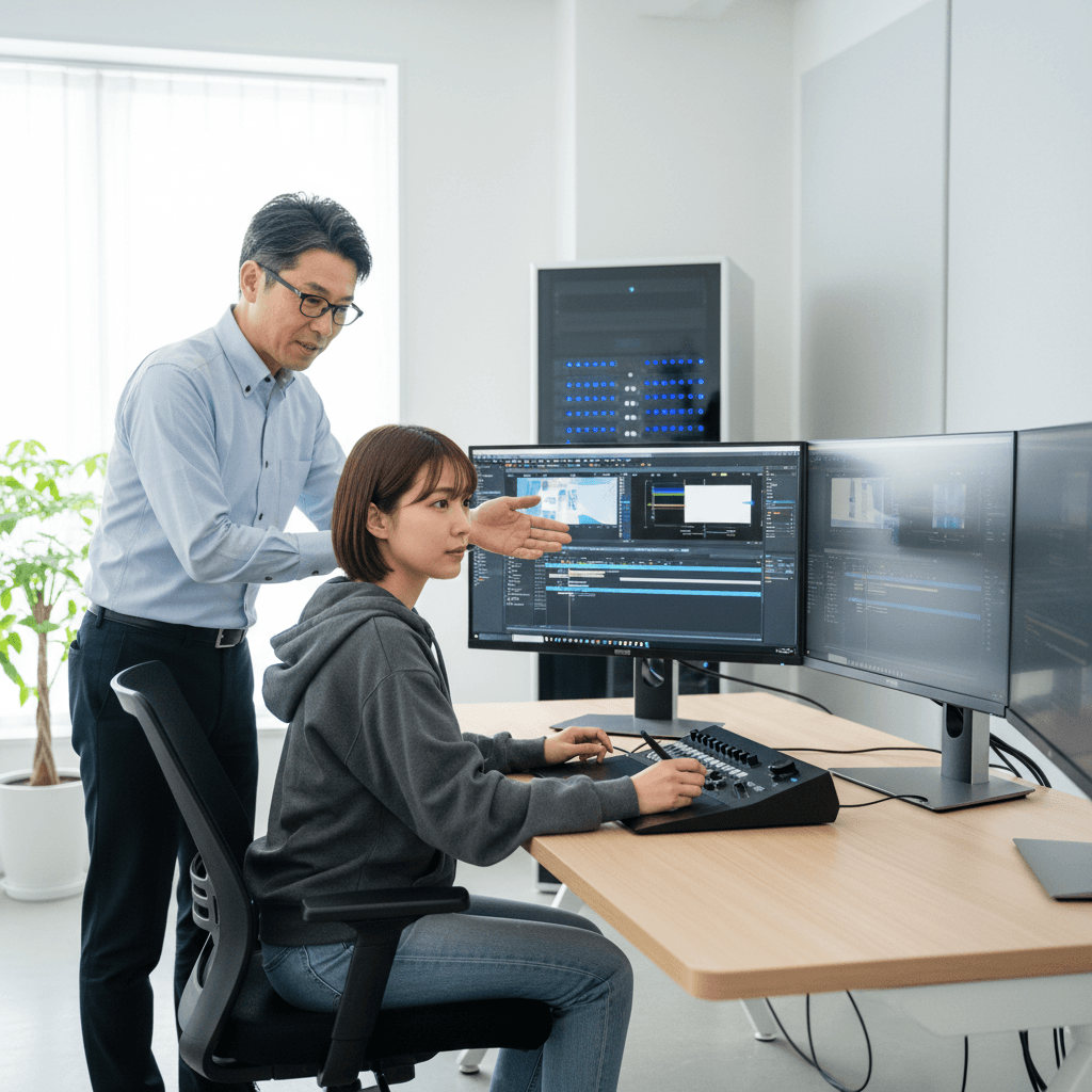 真剣にAfter Effectsを操作する人の写真。プロの指導を受けているイメージ。
