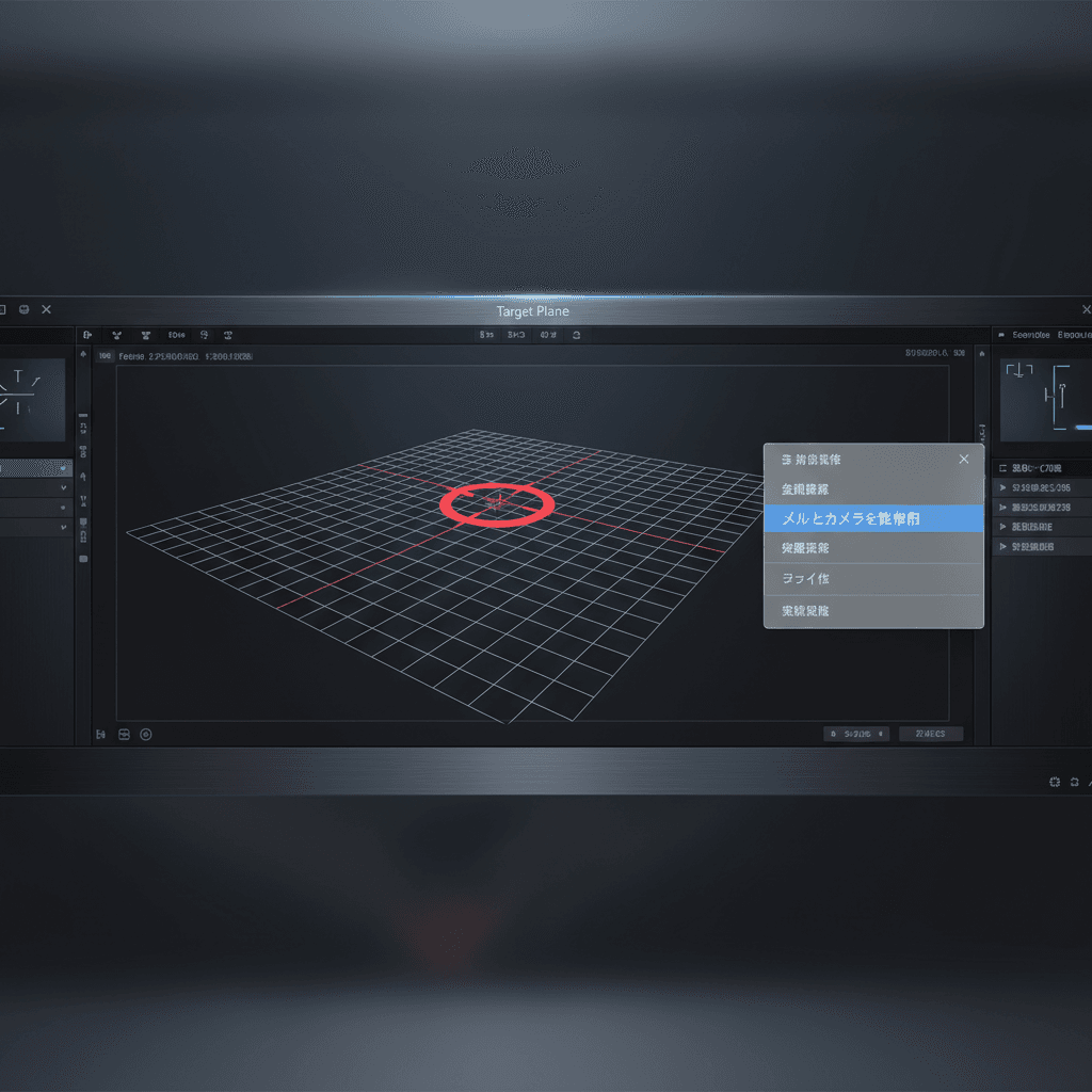 ターゲット平面を選択し、赤いターゲットが表示されている画面。右クリックメニューでヌルとカメラを作成を選択する様子。