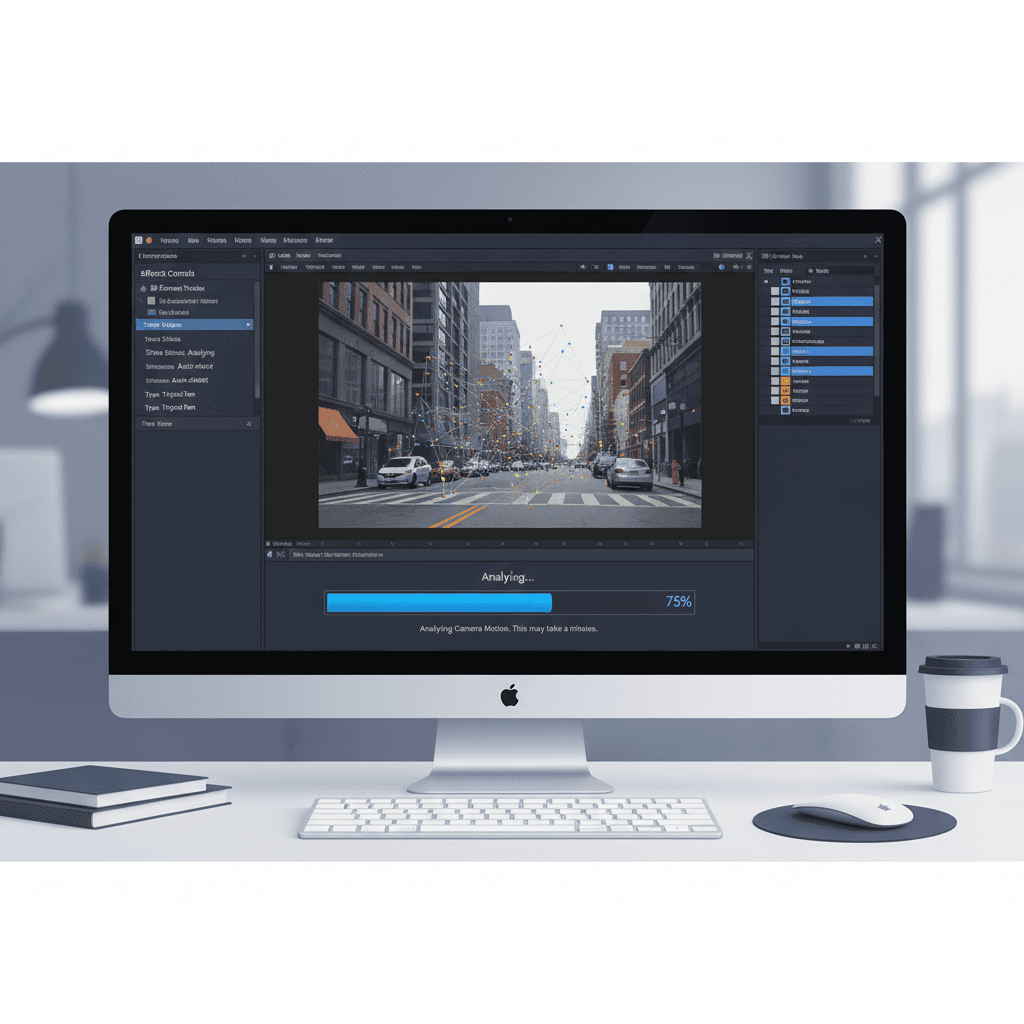 3Dカメラトラッカーエフェクト適用後の画面。解析中の進捗バーが表示されている様子。