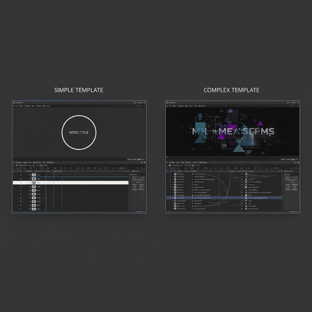 After Effectsのプレビュー画面とタイムライン。シンプルなテンプレートと複雑なテンプレートを比較。