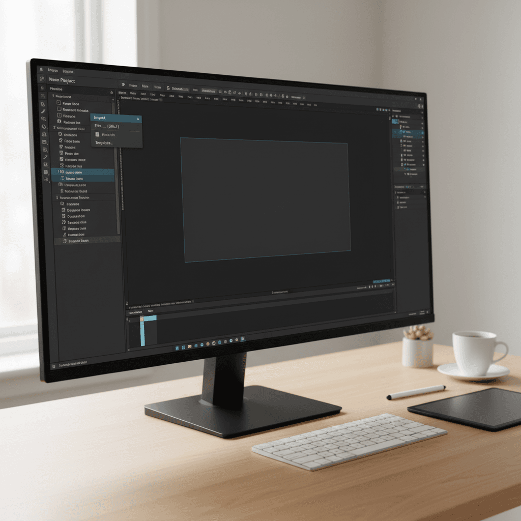 After Effectsの新規プロジェクト画面。テンプレートをインポートする手順。