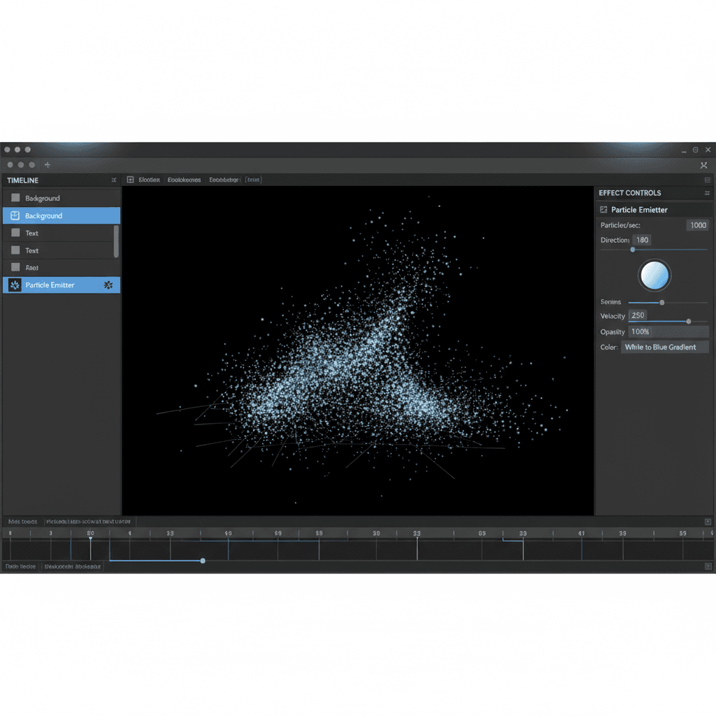 After Effectsのタイムラインとエフェクトコントロールパネルでパーティクルエフェクトが適用されている様子