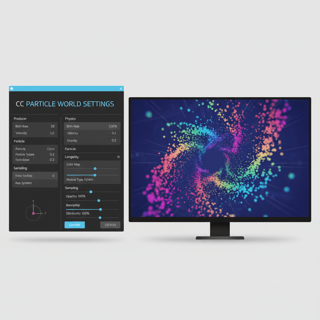 CC Particle Worldの設定パネルと、それを使って作成した3Dパーティクル表現のスクリーンショット
