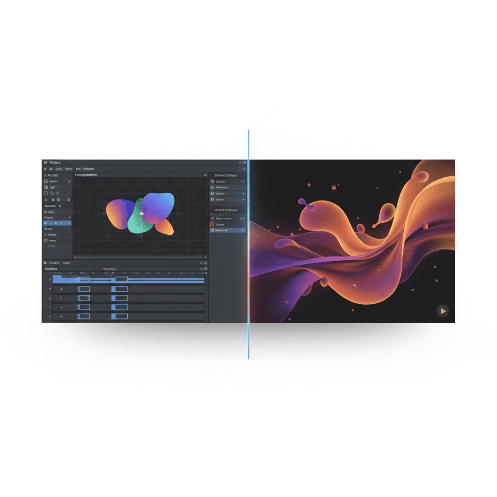 After Effectsのワークスペース画面と、完成したモーショングラフィックスの作例イメージ