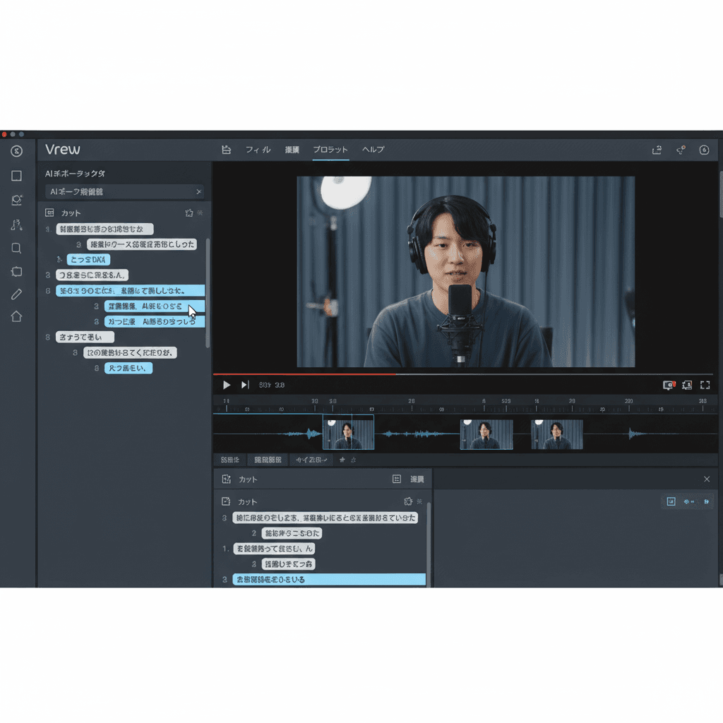 Vrewのインターフェース画面(AI文字起こし結果と編集画面が確認できる)