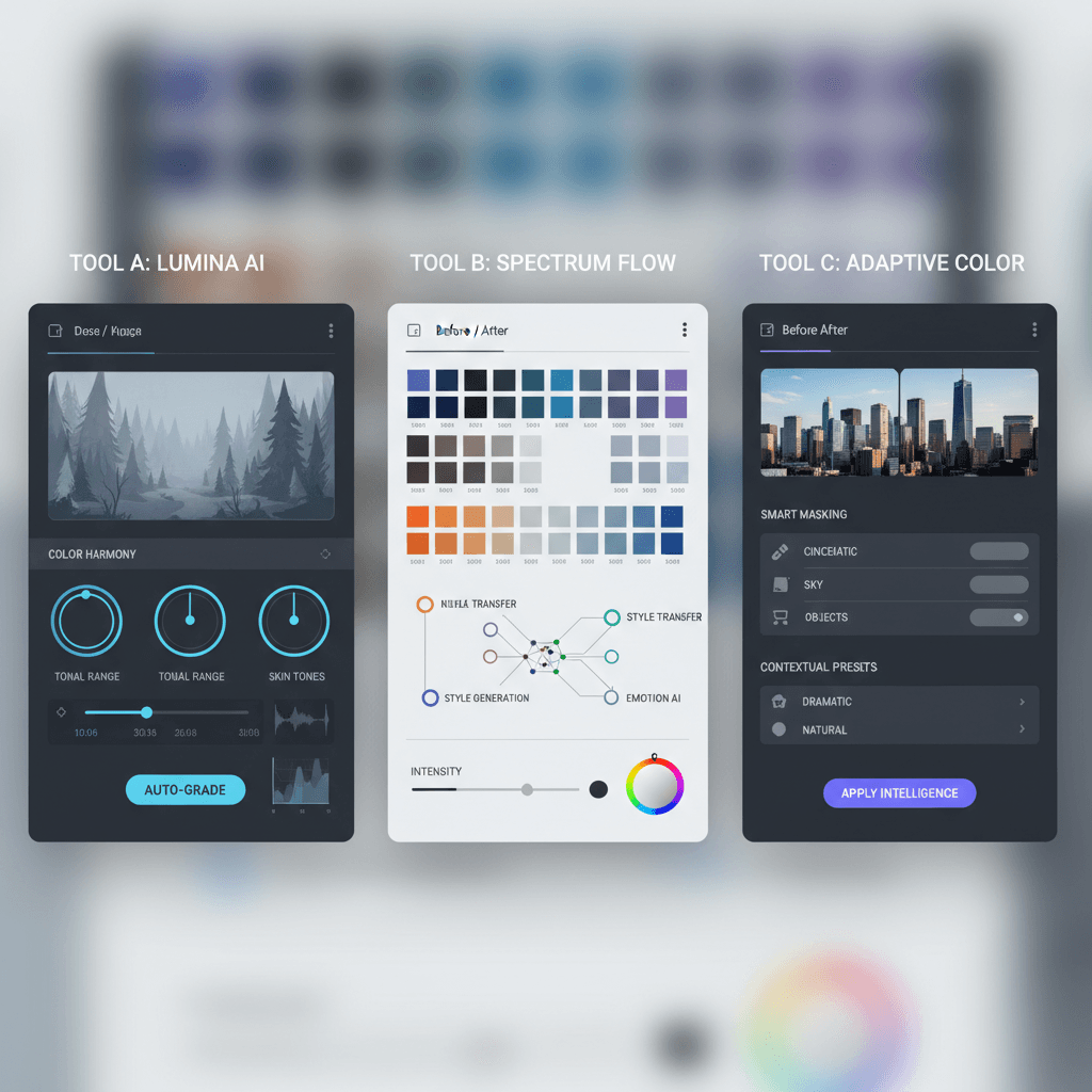 複数のAIカラーグレーディングツールのUI比較画像。異なるツールの特徴的な画面を並べる。