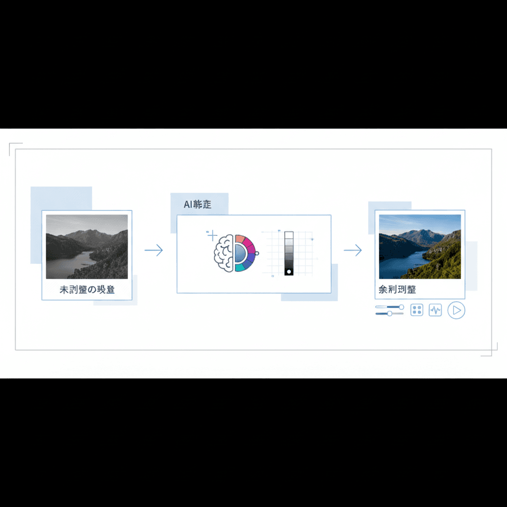 AIカラーグレーディングのワークフローを示す図。未調整の映像からAI補正、最終調整までを矢印で示す。