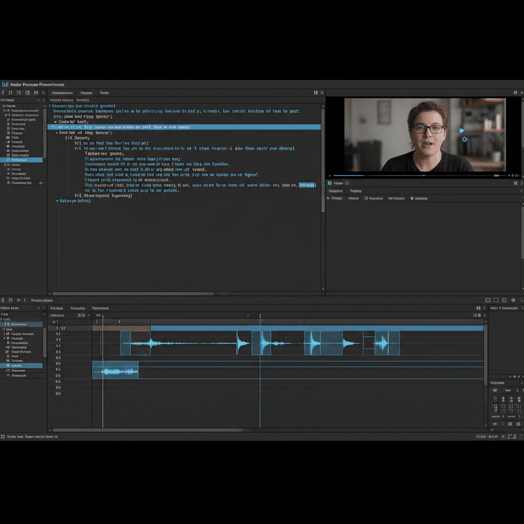 Adobe Premiere Proのテキストベース編集画面のスクリーンショット。文字起こしされたテキストとタイムラインが連動している様子。