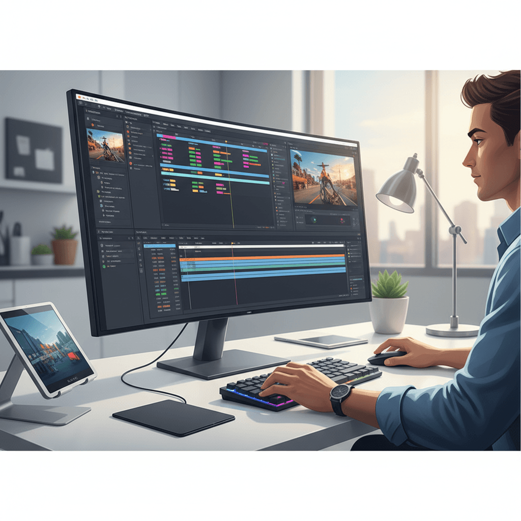 PCで動画編集ソフトを操作するビジネスパーソンの手元。画面にはタイムラインとプレビューが表示されている。