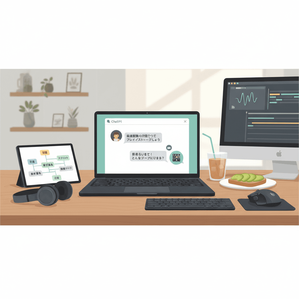 ChatGPTと会話しながら動画編集の企画を進めているイメージ