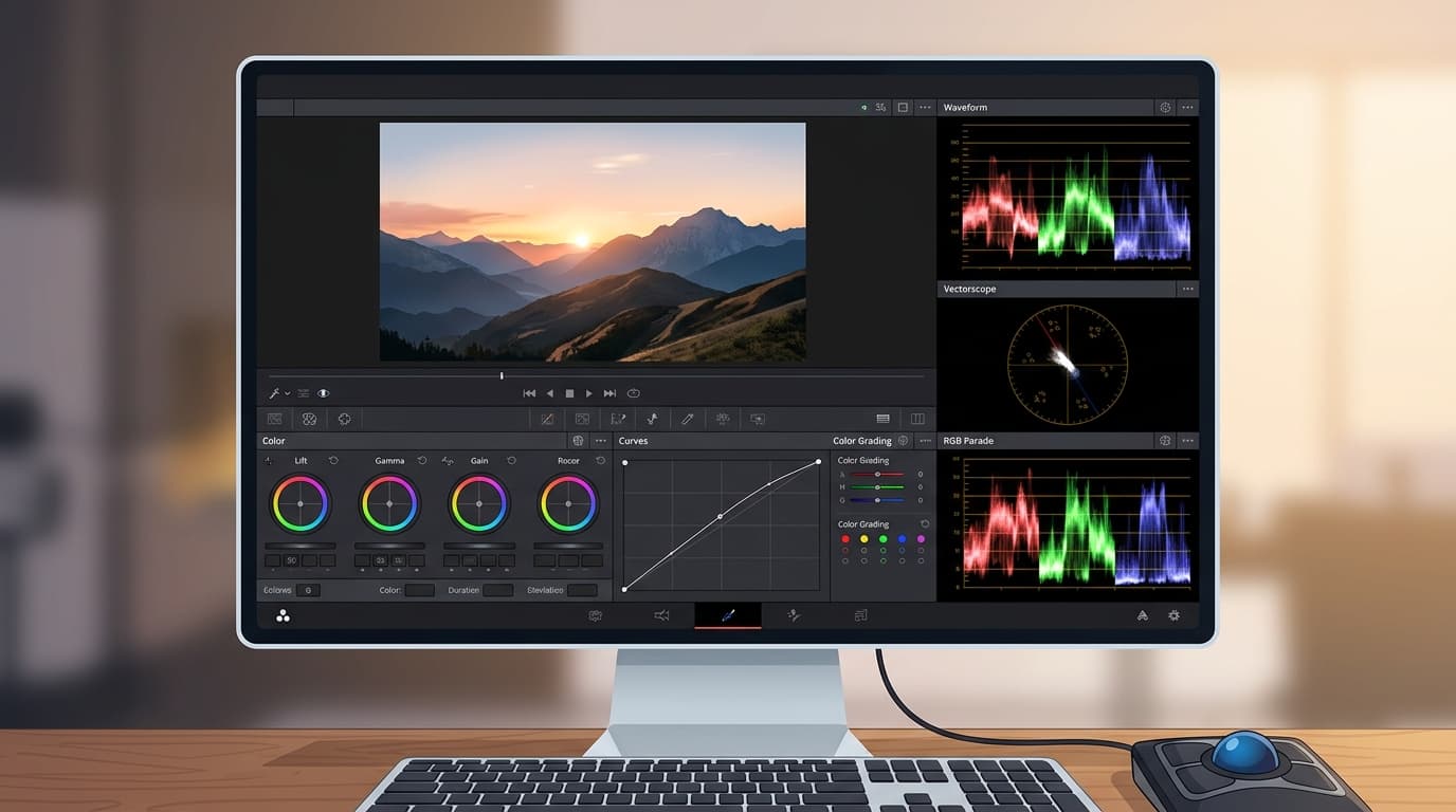 DaVinci Resolveのカラーページとスコープの画面イメージ