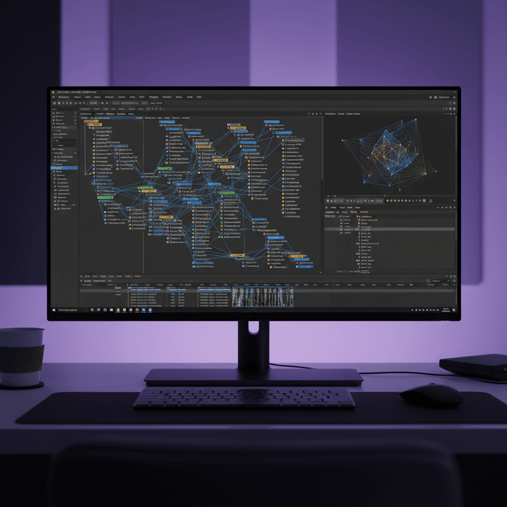 DaVinci ResolveのFusionページで複雑なモーショングラフィックスを編集しているスクリーンショット