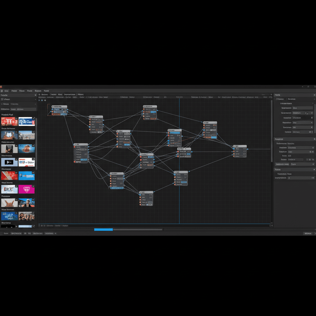 FusionページのUI全体図。ノードエディタ、インスペクタ、メディアプールの位置がわかるようにする