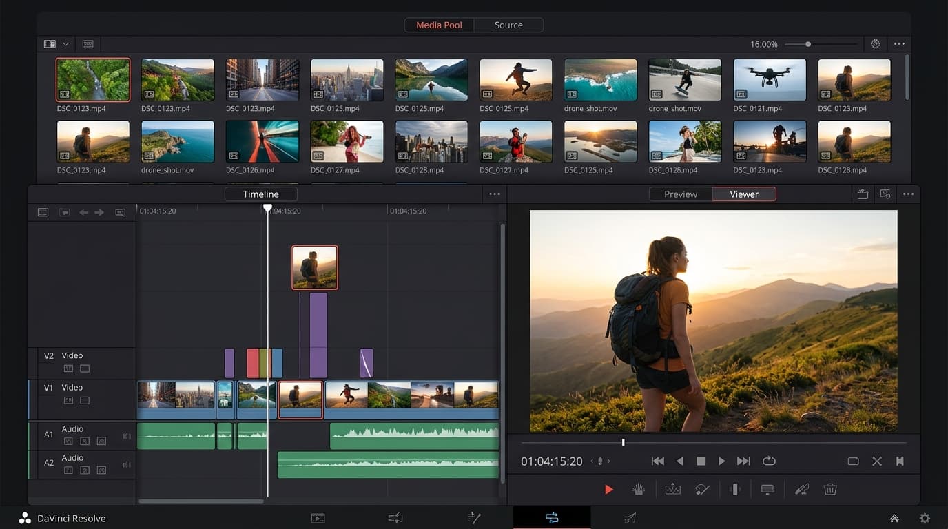 DaVinci Resolveのカットページ画面のスクリーンショット。上部にメディアプール、左下にタイムライン、右下にプレビューが表示されている。