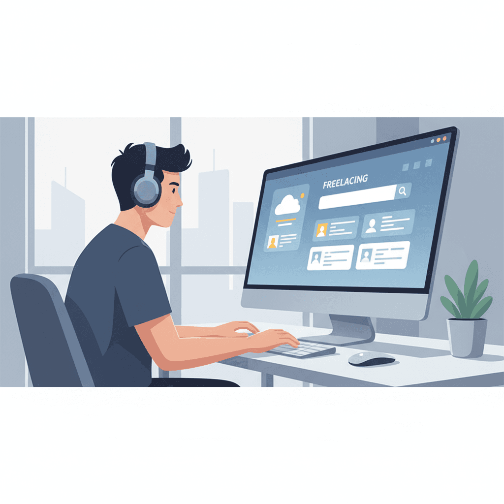 パソコンでクラウドソーシングサイトを見ている人が集中して作業している様子