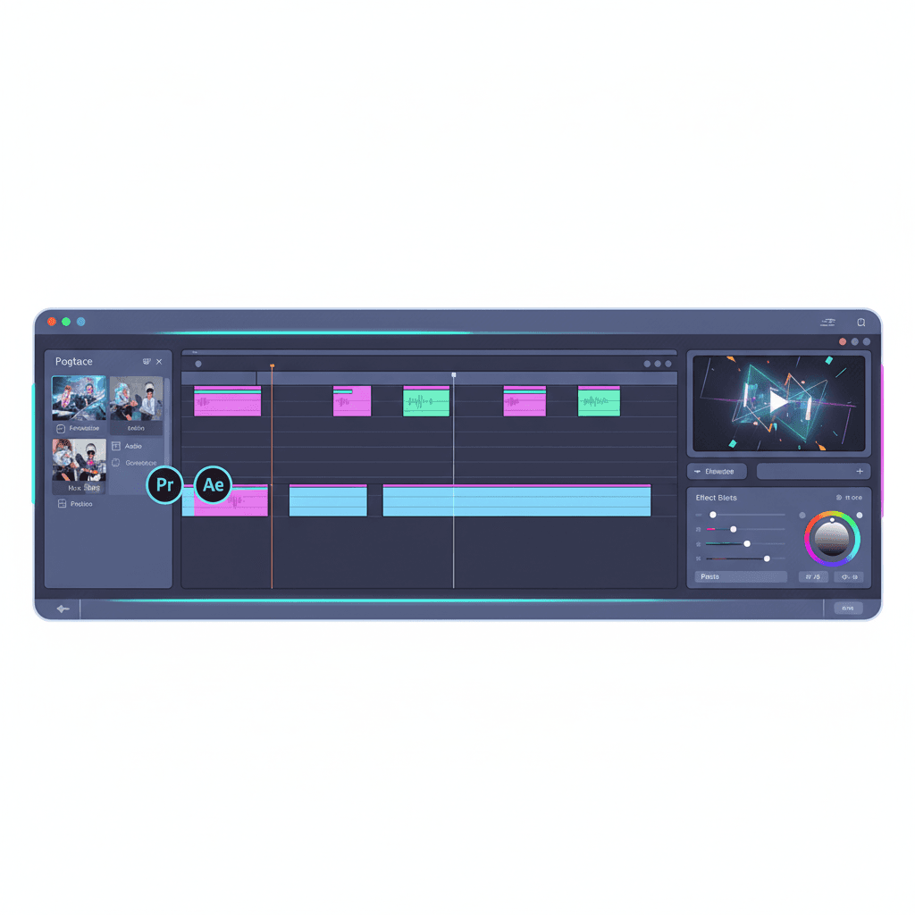 動画編集ソフトの画面イメージ(Premiere Pro、After Effectsのアイコンが並んでいる様子)