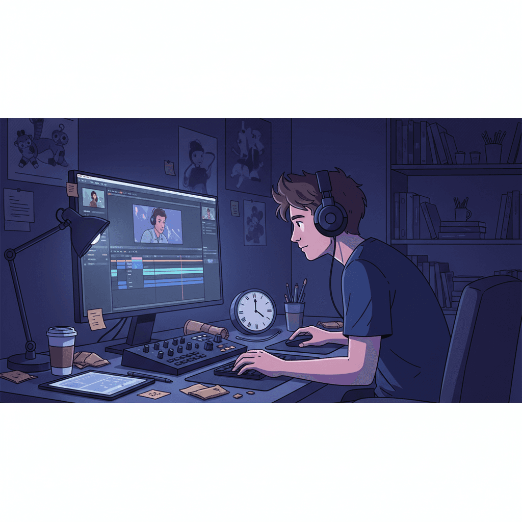 動画編集作業に集中するフリーランスのイラスト。時計が深夜を指している。