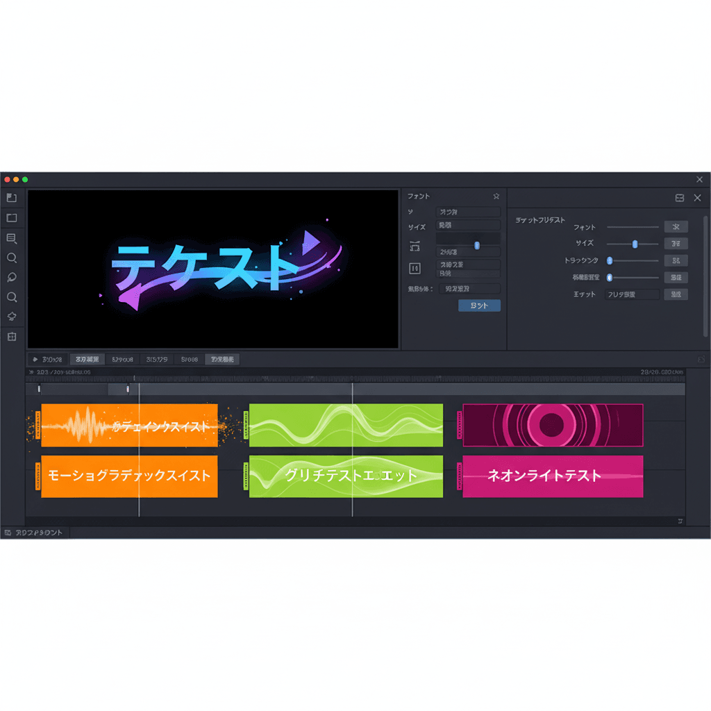 テキストアニメーションの様々な表現方法を紹介する動画編集画面のスクリーンショット