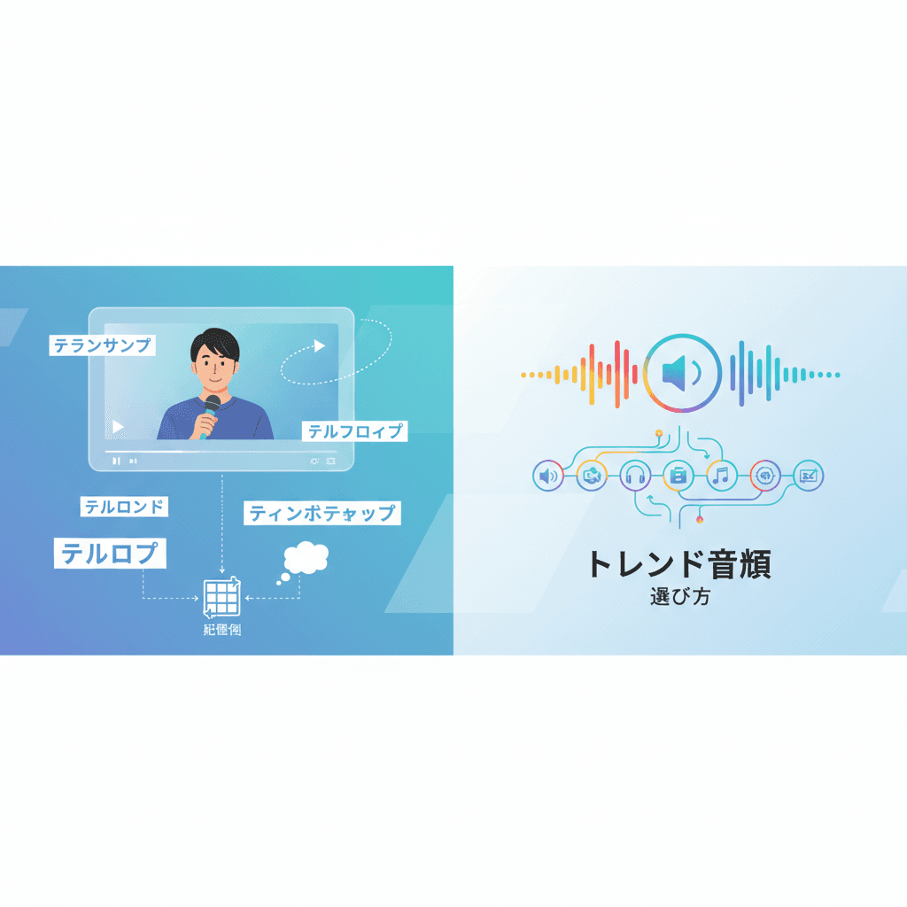 テロップの配置例とトレンド音源の選び方を解説するイメージ図