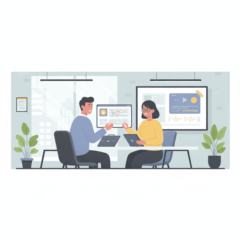 クライアントと打ち合わせをする動画編集者のイラスト