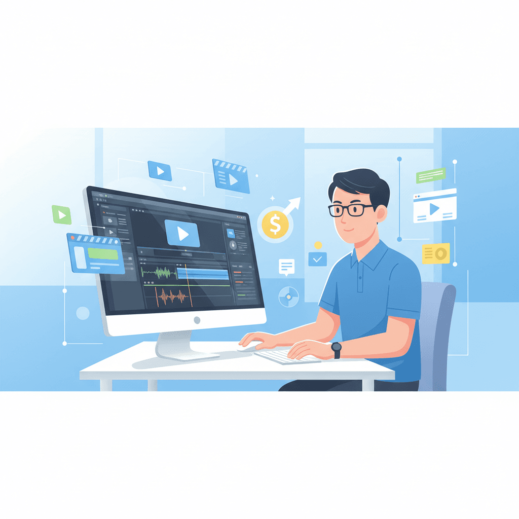 パソコンで副業を始める会社員のイラスト