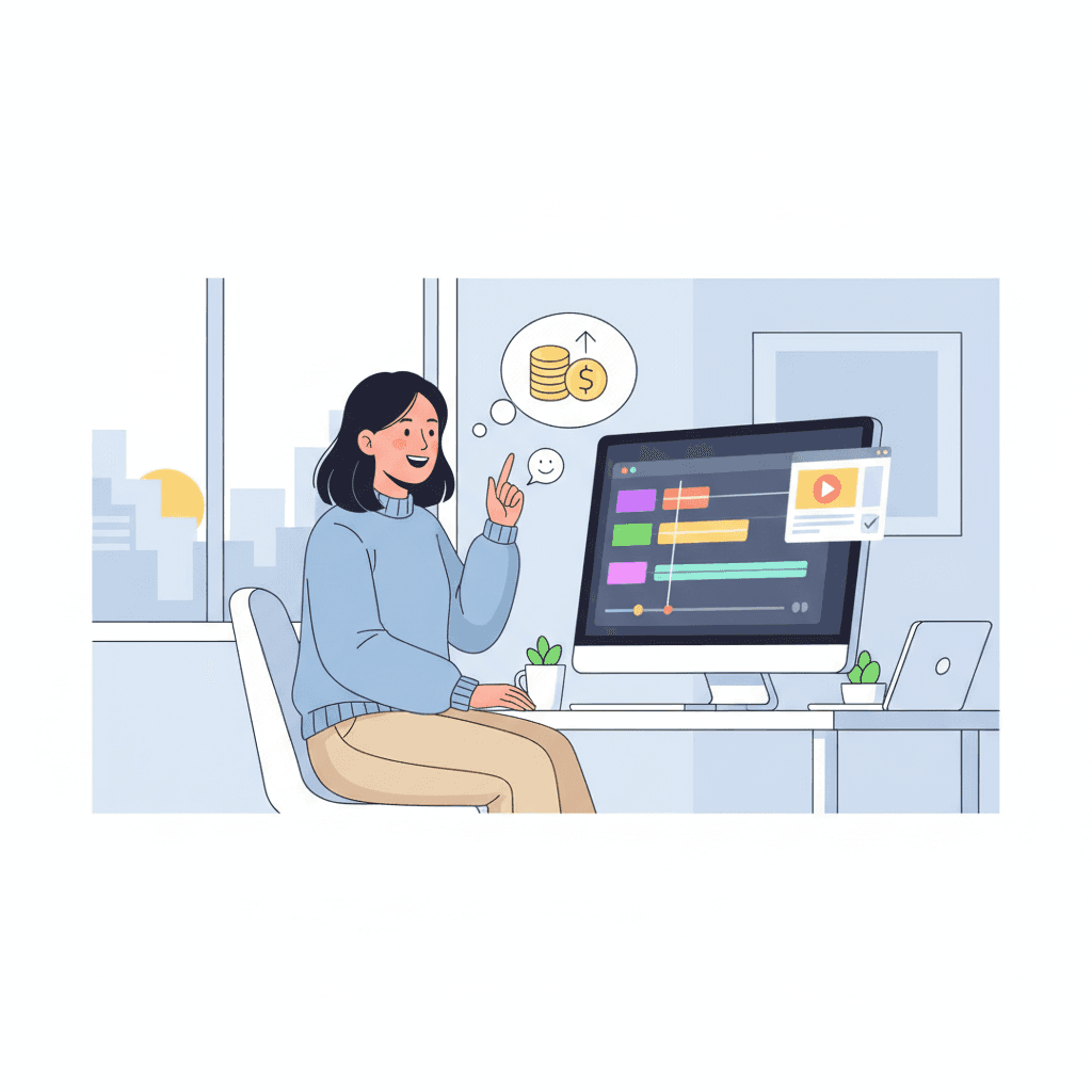 副業で稼いで笑顔の人物のイラスト