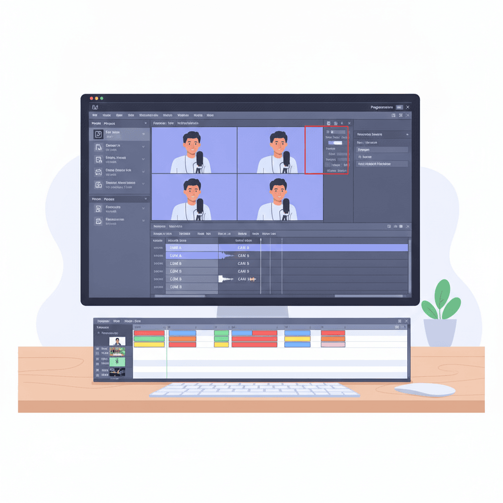 Premiere Proのマルチカメラ編集画面。プログラムモニターに複数アングルが並んで表示されているスクリーンショット