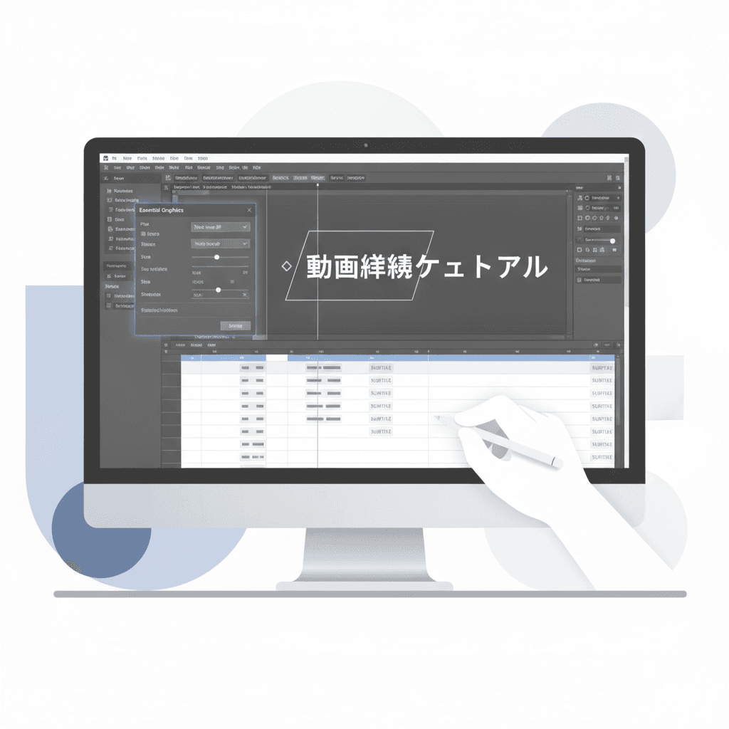 Premiere Proのエッセンシャルグラフィックスパネルで字幕を調整している様子