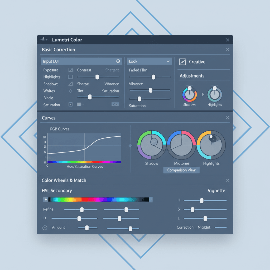 Premiere ProのLumetriカラーパネルの全体像と主要な調整項目を示した画像。各セクションが分かりやすく配置されている様子。