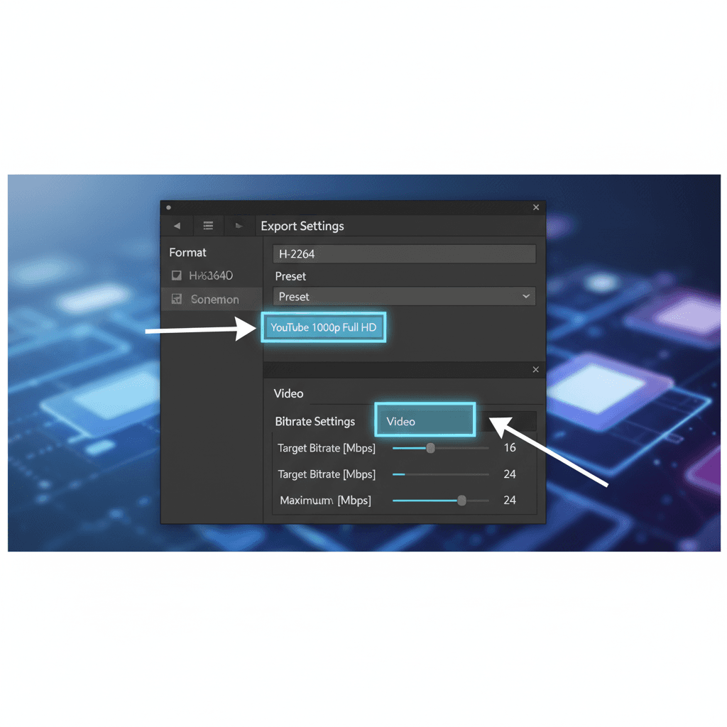Premiere Proの書き出し設定ウィンドウで、H.264フォーマット、YouTubeプリセット、ビットレート設定箇所をハイライトしたスクリーンショット