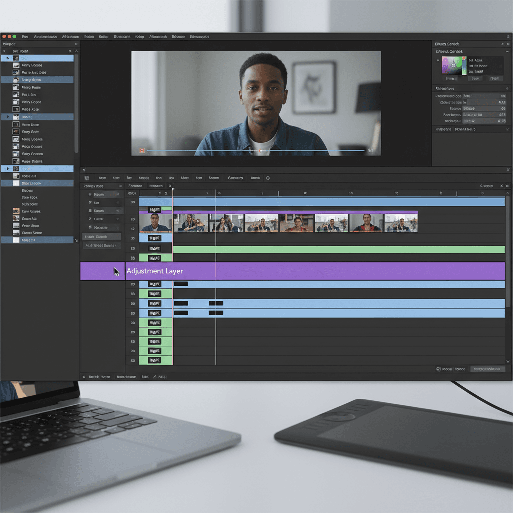 調整レイヤーの作成とタイムライン上での配置例