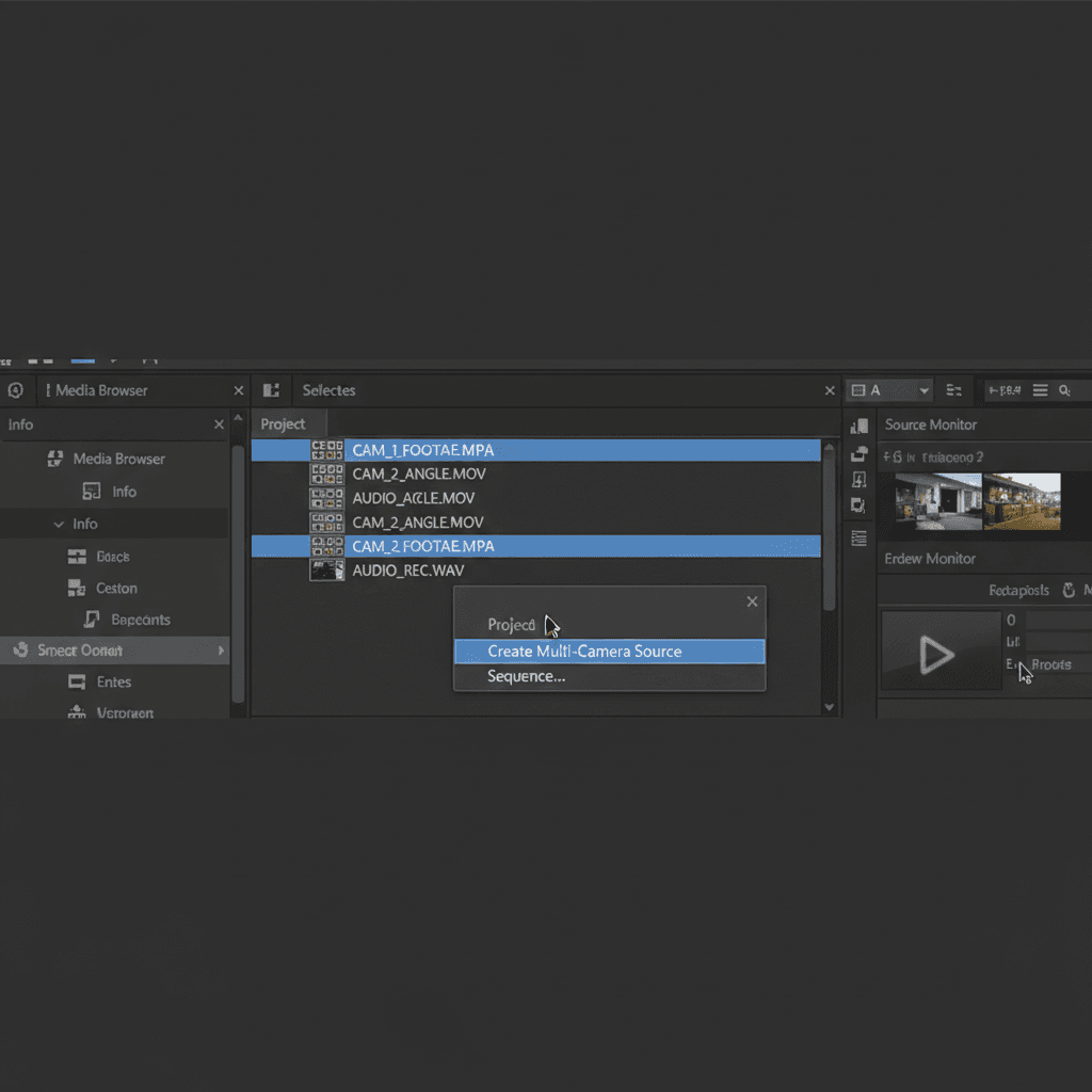 Premiere Proでのマルチカメラクリップ作成画面のスクリーンショット。複数のクリップを選択し右クリックメニューを開き、「マルチカメラシーケンスを作成」を選択している状態。
