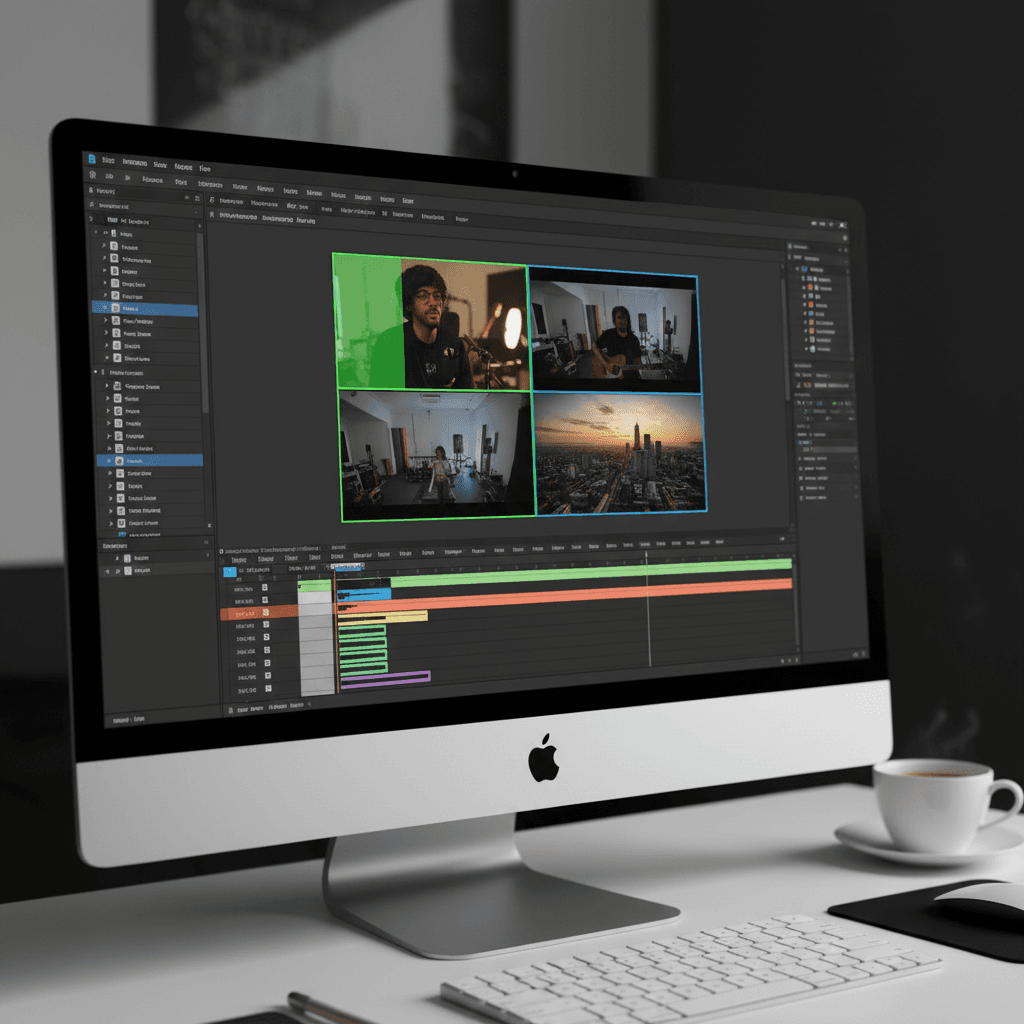 Premiere Proのプログラムモニターでマルチカメラビューが表示され、複数のカメラアングルがサムネイルで並んでいる状態。アクティブなカメラがハイライトされている様子。