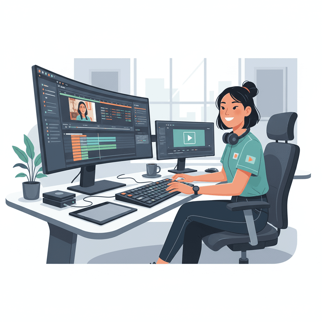 ショートカットキーをマスターし、効率的に作業をこなす動画編集者の笑顔。