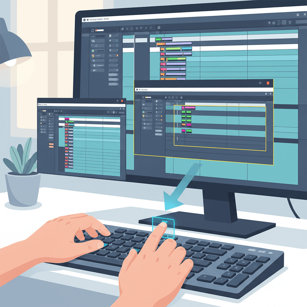 Premiere Proのタイムライン上でショートカットキーを使って作業する編集者の手元と、ズームイン・アウトされたタイムラインのスクリーンショット。