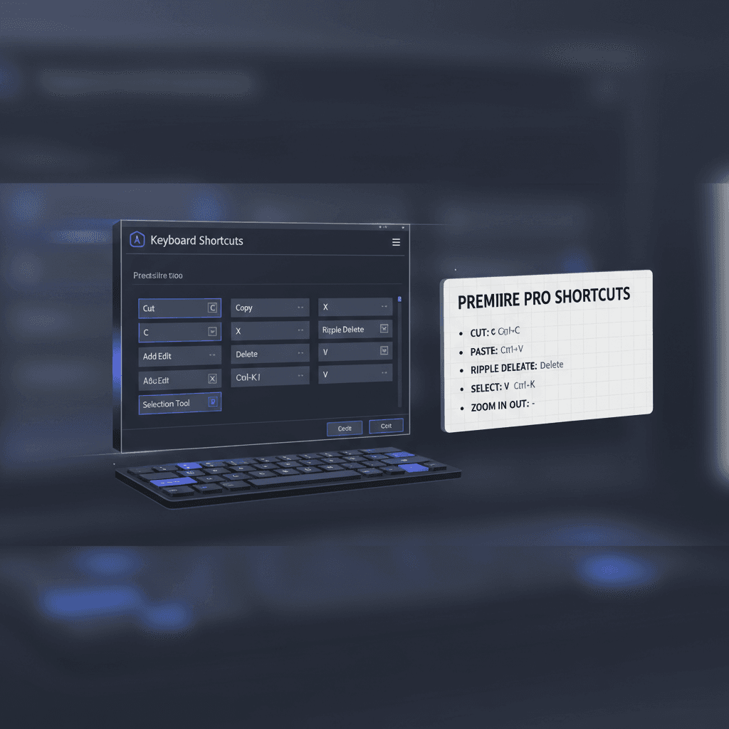 Premiere Proのキーボードショートカット設定画面と、ショートカットキーが記載されたチートシート。