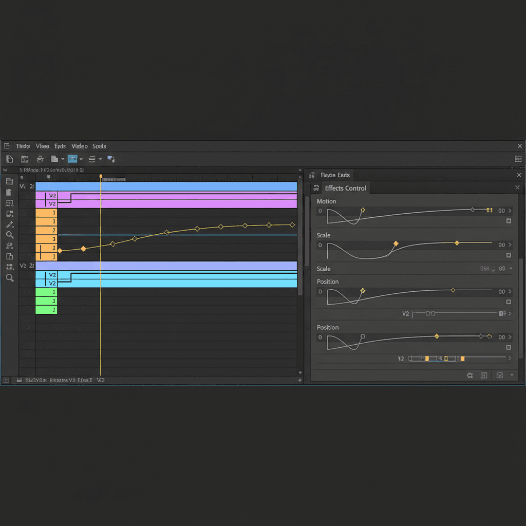 キーフレームでカスタムトランジションを作成しているPremiere Proのタイムラインとエフェクトコントロールパネルのスクリーンショット