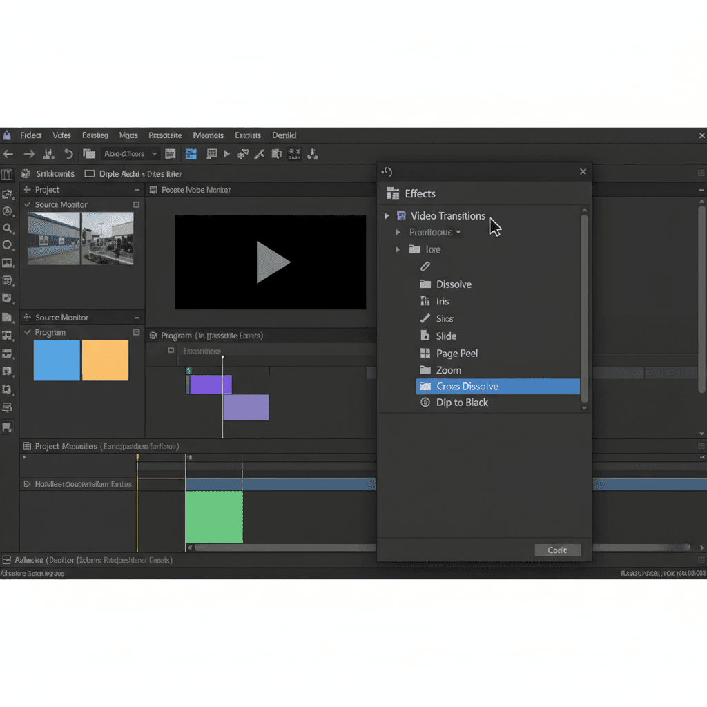 Premiere Proのエフェクトパネルでトランジションのカテゴリを開いているスクリーンショット
