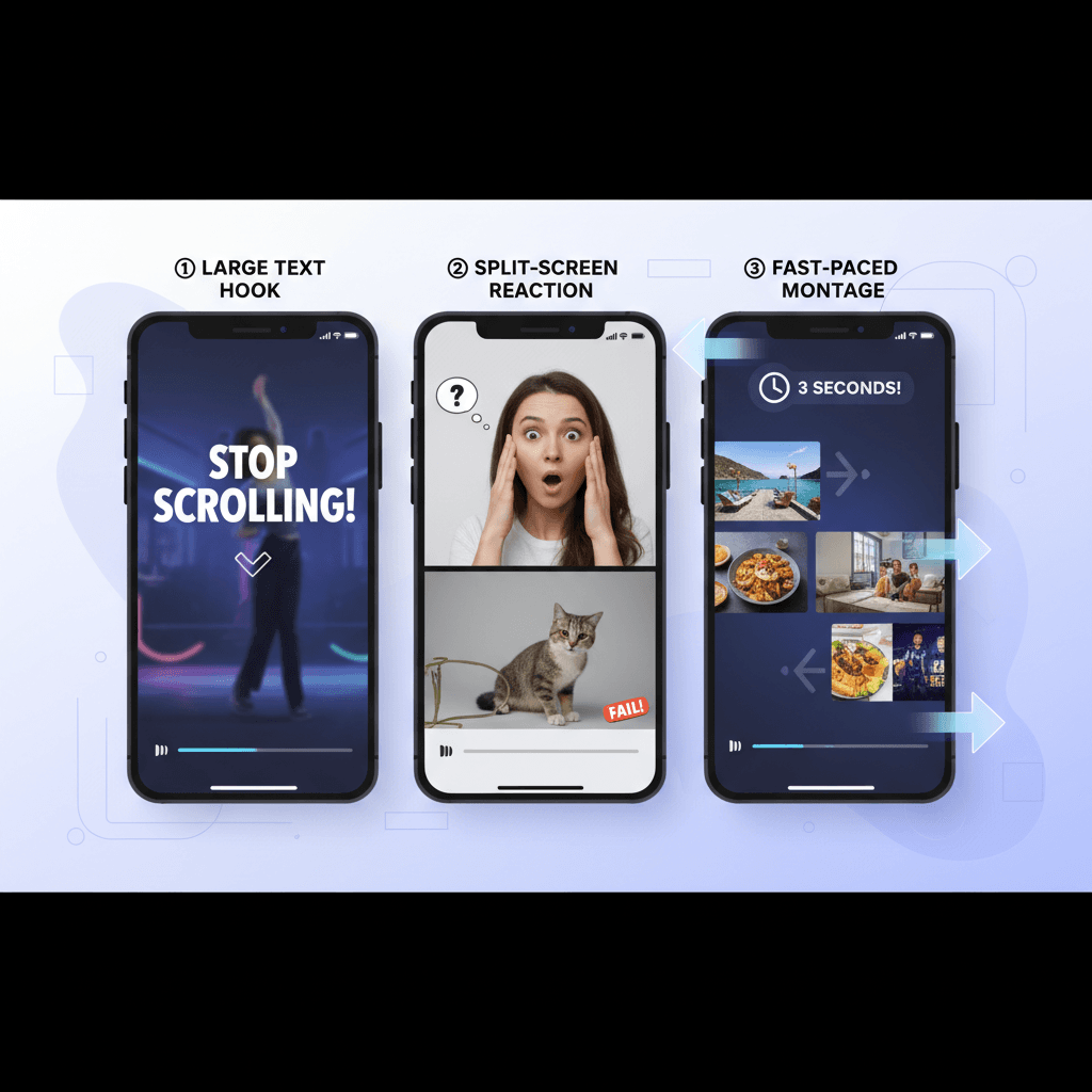 TikTokの冒頭3秒で視聴者を惹きつけるための画面構成例