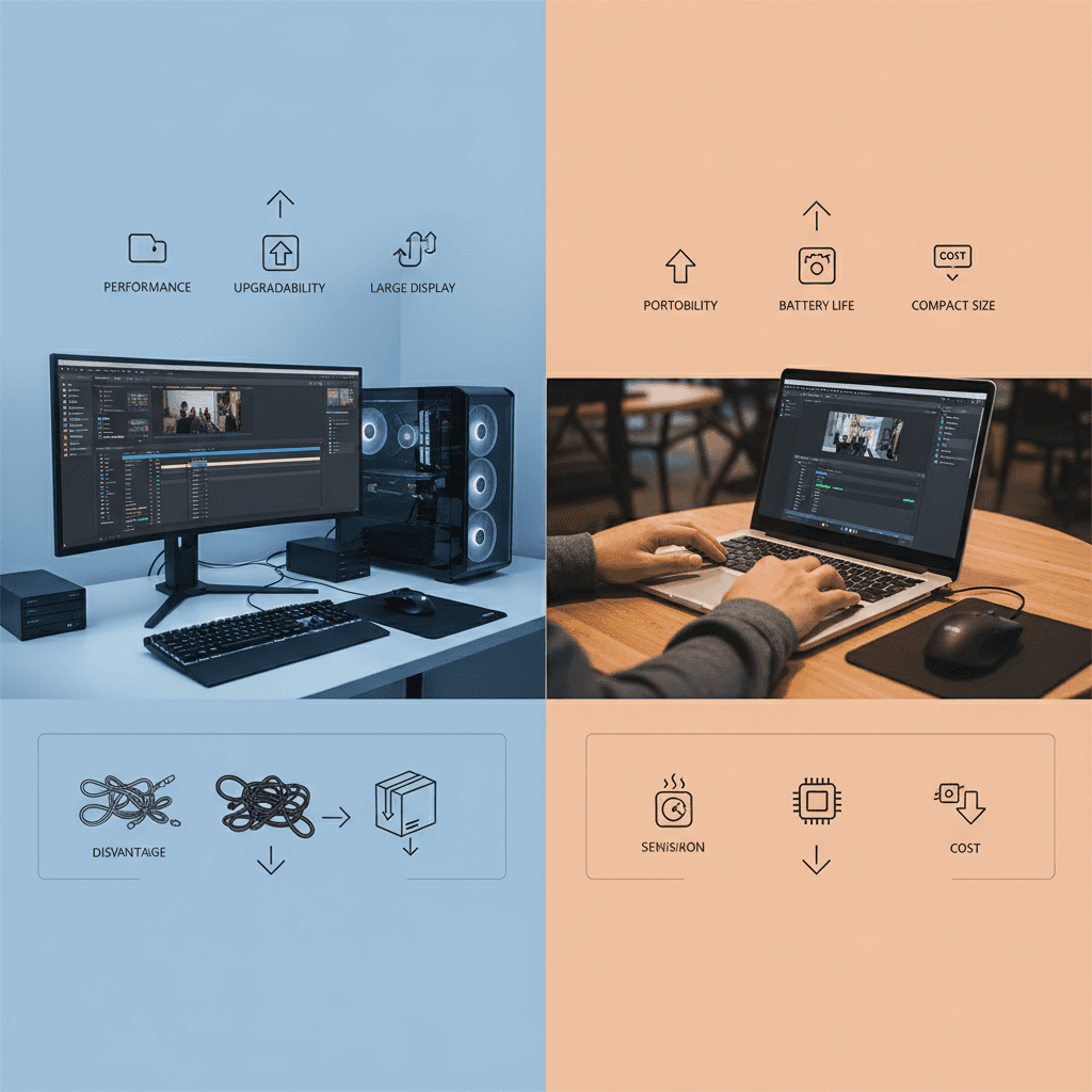 デスクトップPCとノートPCの比較イメージ(それぞれのメリット・デメリットを視覚的に表現)