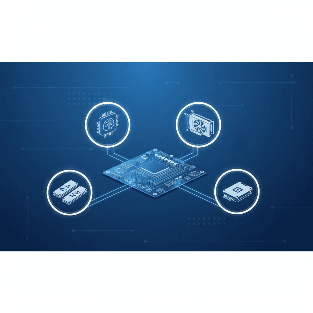 動画編集PCのパーツ構成図(CPU、GPU、メモリ、ストレージがアイコンで示されているイメージ)