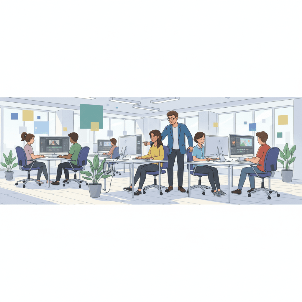 スクールでPCに向かい学ぶ生徒のイメージ図。講師が画面を見ながらアドバイスしている様子も。