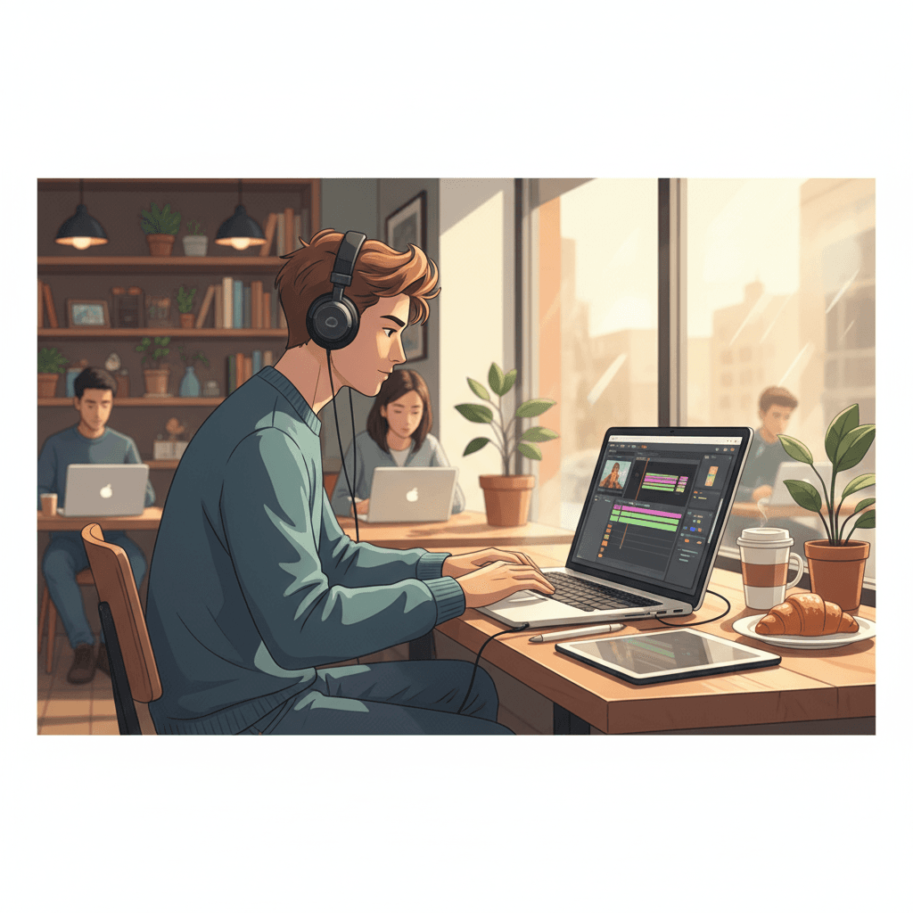 動画編集者がカフェでPCを開いて作業している様子。