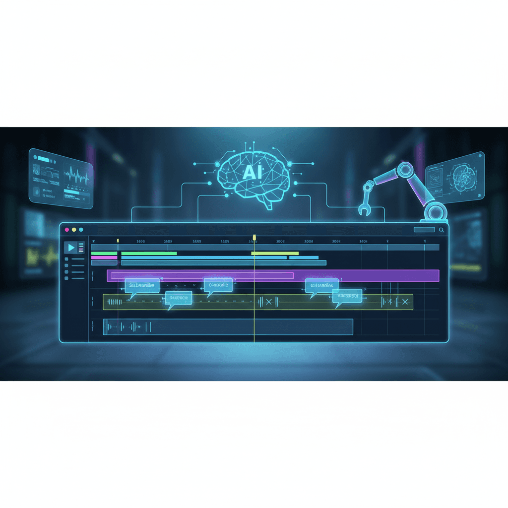 AIによる動画編集効率化のイメージ図。タイムライン上でAIが自動的にテロップやカットを生成している様子。