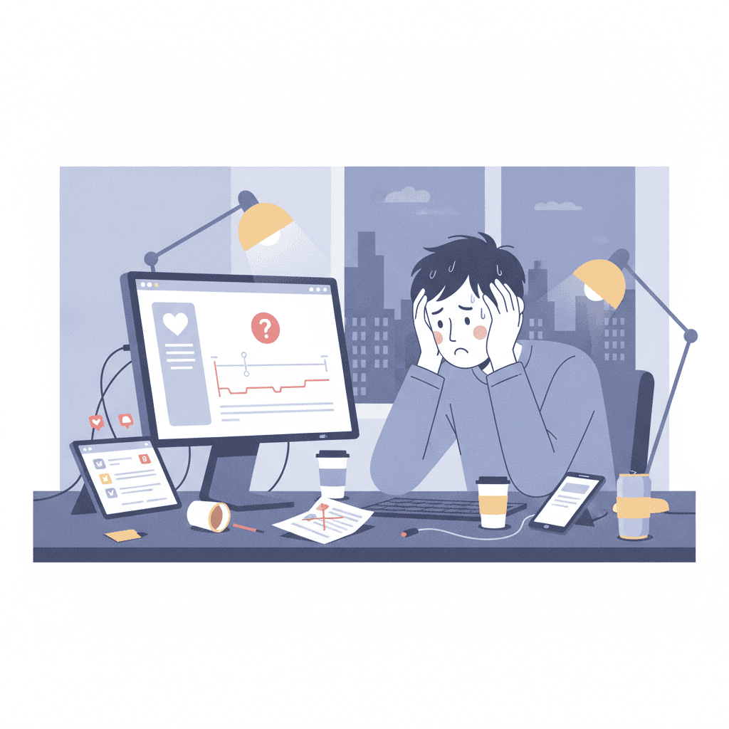 動画編集の仕事が取れずに悩む人のイラスト