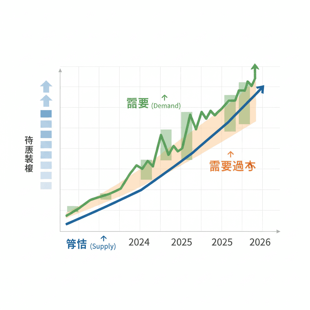 2026年の動画市場トレンドを示すグラフのイメージ。右肩上がりの需要と、供給が追いついていない状況を視覚的に表現。
