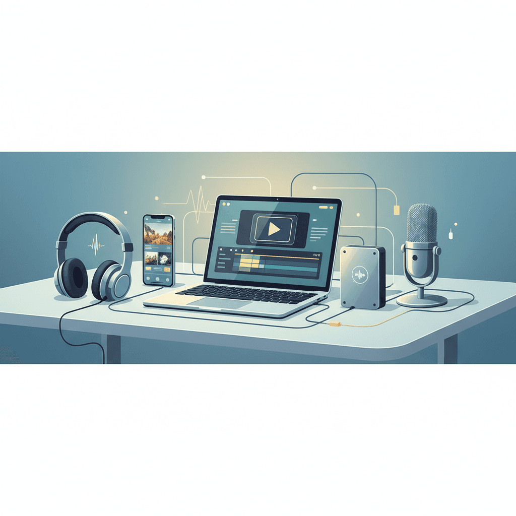 動画編集に必要な機材(パソコン、外付けHDD、マイク、ヘッドホン、スマホ)のイラスト