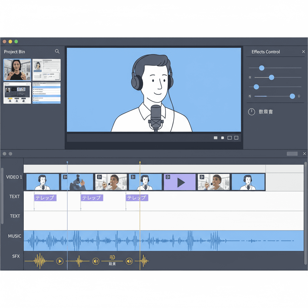 タイムラインでカット編集、テロップ、BGM、効果音を配置している編集ソフトの画面キャプチャ