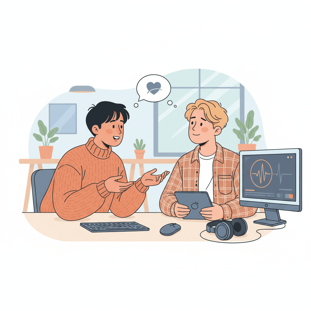 質問に答える人が親身に話しているイラスト。フリーランスの悩みに寄り添うイメージ。