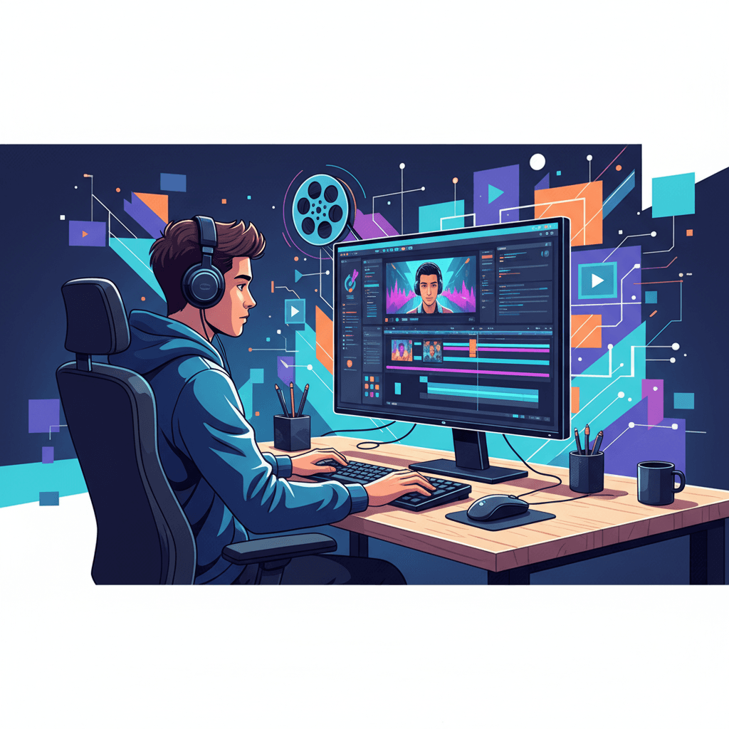 パソコンの前で集中して作業するクリエイターのイメージ。背景にはインスピレーションを刺激するようなデザイン要素。